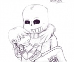 bone bridal_carry carrying_another clothed clothing duo eyes_closed fully_clothed jacket male not_furry simple_background skeleton sleeping smile topwear white_background white_eyes animextremex undertale undertale_(series) frisk_(undertale) sans_(undertale) animated_skeleton human humanoid mammal undead