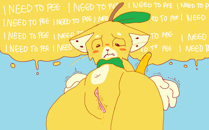 anthro apple_juice blue_background blush bodily_fluids bottomless bottomless_anthro bottomless_female bra breasts clothed clothing ears_down female female_peeing food fruit fur genital_fluids genitals green_bra green_clothing green_underwear juice_(beverage) leaf leaf_bra looking_down looking_down_at_self omorashi peeing pivoted_ears plant repeated_text simple_background solo tail tail_bladder text thought_bubble underwear unusual_bodily_fluids unusual_genital_fluids unusual_urine urine urine_stream vulva watersports whiskers yellow_body yellow_fur theonetruesinner fakemon cider_(theonetruesinner) domestic_cat elemental_creature felid feline felis flora_fauna food_creature living_fruit mammal english_text