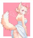 anthro blonde_hair blush breasts butt exclamation_point female fur hair hand_on_arm looking_at_viewer looking_back looking_back_at_viewer pink_background pink_eyes raised_tail simple_background smile solo tail tan_body tan_fur tongue tongue_out towel towel_only momomofura canid mammal 2021 hi_res