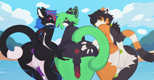 animal_genitalia animal_penis anthro anus backsack balls black_balls black_body black_claws black_fur black_hair blep blue_hair blue_markings bored butt butt_grab claws cloud ear_piercing ear_ring erection facial_markings feline_genitalia feline_penis femboy fur genitals gradient_penis green_anus green_eyes green_hair green_nose green_tail group hair hand_on_butt head_markings humanoid_genitalia humanoid_penis looking_at_viewer looking_back looking_back_at_viewer male markings multicolored_body multicolored_fur multicolored_hair multicolored_tail nude orange_body orange_fur outside penis perineum piercing pink_nose ponytail presenting presenting_hindquarters purple_anus purple_markings purple_nose red_anus red_eyes red_hair red_markings ring_piercing side_by_side sky tail take_your_pick tongue tongue_out trio water white_balls white_penis hemelarix aevyn delta_(character) nephilim_(nephilimcat) domestic_cat felid feline felis mammal absurd_res hi_res