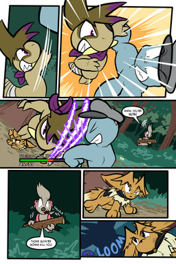 6_panel_comic ambiguous_gender attack bandage battle biped black_cape black_clothing black_nose black_text blue_body blue_text bodily_fluids brown_body brown_hair cape clenched_teeth clothing dialogue exclamation_point eye_patch eyebrows eyelashes eyewear feral fight forest group hair hat headgear headwear holding_object inner_ear_fluff looking_at_another lying motion_lines mouth_closed neck_tuft on_front on_ground one_eye_obstructed open_mouth outside page_number paws plant pupils purple_eyes purple_scarf scarf sharp_teeth shrub sound_effects speech_bubble sweat sweatdrop tail talking_to_another teeth text toony translucent translucent_hair tree tuft tusks white_sclera white_text wounded virmir nintendo pokemon pokemon_mystery_dungeon spike_chunsoft twobyfour_(virmir) virmir_(character) zinc_(zincxiron) axew eevee generation_1_pokemon generation_5_pokemon humanoid machop pokemon_(species) timburr 2025 2:3 absurd_res comic english_text hi_res