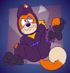 abstract_background anthro bruised_eye clothing cross-eyed dazed dipstick_tail fur male markings ninja orange_body orange_fur scratches scuff_marks sitting slightly_chubby solo spread_legs spreading tail tail_markings tan_markings torn_clothing warrior gavanzude shu_(dragon_ball) canid canine canis domestic_dog mammal shiba_inu spitz alternate_version_at_paywall digital_drawing_(artwork) digital_media_(artwork) hi_res signature