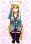 blonde_hair blue_eyes blush bottomwear breasts cleavage clothed clothing eyewear female glasses hair leggings legwear long_hair looking_at_viewer shorts skirt smile solo spandex spandex_shorts tail tight_bottomwear tight_clothing tight_shorts naomi_(sekai_no_hate_no_kissaten) aoi_futaba animal_humanoid canid canid_humanoid canine canine_humanoid fox fox_humanoid humanoid mammal mammal_humanoid hi_res