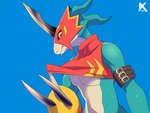 anthro armor blue_body bodily_fluids claws clothed clothing clothing_lift headgear helmet male pecs red_eyes shirt shirt_lift slim solo sweat topwear kasuga_dn bandai_namco digimon digimon_(species) flamedramon 4:3