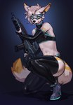 anthro arm_warmers armwear belly bottomwear bullet clothing crop_top earbuds electronics footwear gun headphones high_heels hotpants legwear male ranged_weapon shirt shoes shorts solo thigh_highs topwear visor weapon xm8 romarom jaki_(jaki0284) anubian_jackal canid canine canis jackal mammal absurd_res hi_res