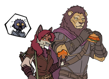 burger chicken_meat drumstick_(food) female food fried_chicken group male meat unknown_artist crystalfall knight_(crystalfall) rogue_(crystalfall) technomancer_(crystalfall) avian bird canid canine corvid corvus_(genus) crow felid fox lion mammal oscine pantherine passerine