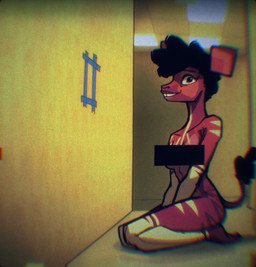 afro anthro arm_markings black_hair breasts butt butt_markings censor_bar censored_breasts chest_markings creepy_face creepy_smile female female_anthro hair inside kneeling leg_markings looking_aside looking_at_viewer markings nude nude_anthro nude_female red_body smile solo tail teeth wide_eyed areye_(artist) the_backrooms lo-lo_(areye) giraffid mammal okapi 2026 censored digital_drawing_(artwork) digital_media_(artwork) gynomorph_(lore) nonbinary_(lore) trans_(lore)