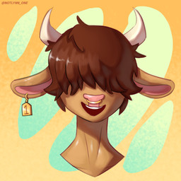 anthro brown_body ear_piercing facial_piercing hair hair_over_eyes male nose_piercing open_mouth open_smile piercing simple_background smile solo notlynn_one lynn_(notlynn) bovid bovine cattle mammal 1:1 2026 bust_portrait digital_media_(artwork) hi_res icon portrait