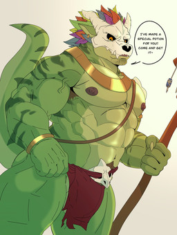 abs anthro armpit_hair biceps body_hair bone bone_mask bottomwear brown_hair clothing dialogue facial_hair goatee green_body hair happy_trail looking_at_viewer male mask muscular muscular_anthro muscular_male nipples pecs simple_background skull skull_mask solo speech_bubble tail text veiny_arms white_background valythewolf terraria witch_doctor_(terraria) lihzahrd lizard reptile scalie absurd_res english_text hi_res
