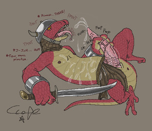 anthro anus armor bodily_fluids bottomwear breath clothing cum cum_on_body drooling excessive_genital_fluids genital_fluids genitals headgear helmet horn loincloth male masturbation melee_weapon nipples onomatopoeia open_mouth panting penis saliva scales slit_penis solo sound_effects sword tapering_penis text tongue tongue_out weapon bronzebadger lizardman scalie low_res