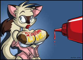 anthro areola big_areola big_breasts blue_eyes bra breasts brown_areola brown_body brown_fur brown_nipples clothing eyewear female food fur glasses ketchup ketchup_bottle lips mustard nipples open_mouth solo text topwear underwear dutch_(artist) simone_(dutch) domestic_cat felid feline felis mammal siamese_cat 2015 artist_name digital_media_(artwork) english_text