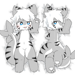 anthro bed blue_eyes blush dakimakura dorsal_fin fin furniture grey_body on_bed screencap smile solo striped_body stripes tail tail_fin chano changed_(video_game) tiger_shark_(changed) 1:1 dakimakura_design