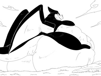 anthro belly big_belly big_butt butt cloud facial_horn fangs grass horn looking_at_viewer looking_back looking_back_at_viewer low-angle_view male morbidly_obese morbidly_obese_anthro morbidly_obese_male mouth_closed nose_horn nude obese obese_anthro obese_male overweight overweight_anthro overweight_male plant rear_view rock sitting sky skyscape solo tail teeth wings reagan700 dragon_ball mythology giran dragon mythological_creature mythological_scalie scalie 2026 4:3 hi_res monochrome