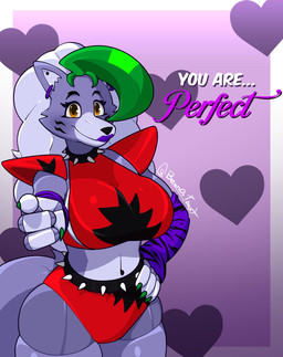 anthro arm_warmers armwear big_breasts bottomwear breasts clothing collar crop_top female gesture grey_body grey_hair hair hand_gesture hand_on_hip hotpants lipstick machine makeup midriff motivational_poster pointing pointing_at_viewer purple_lipstick red_clothing shirt shorts shoulder_pads smile smiling_at_viewer solo spiked_collar spikes tail talking_to_viewer text thick_thighs topwear beanontoast five_nights_at_freddy's five_nights_at_freddy's:_security_breach scottgames steel_wool_studios roxanne_wolf animatronic canid canine canis mammal robot wolf absurd_res hi_res