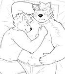 anthro bed belly blush bulge clothing duo eyes_closed furniture humanoid_hands kemono lying male male/male navel overweight overweight_male pillow romantic romantic_couple sleeping underwear o8rpwrhvpo15738 lifewonders live_a_hero dog_operator mokdai protagonist_(live_a_hero) canid canine canis domestic_dog mammal 2023 monochrome