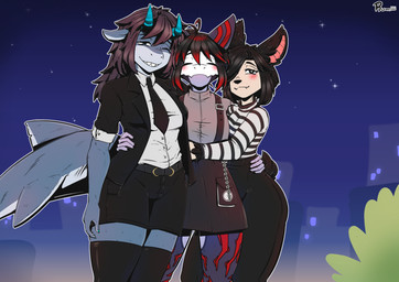 anthro black_clothing black_hair bone chain city city_background clothing female group hair horn hug legwear necktie night shark_tail sharp_teeth skull skull_head smile stockings tail tapering_tail teeth pinacatte jade_ramirez aquatic bat fish mammal shark absurd_res hi_res