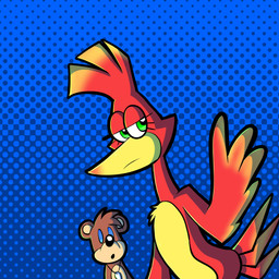 anthro beak female female_focus male musical_instrument pemmyart string_instrument pembrokewkorgi banjo-kazooie rareware banjo_(banjo-kazooie) kazooie avian bear bird breegull mammal 1:1 absurd_res hi_res