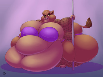 anthro big_breasts breasts clothing female huge_breasts morbidly_obese morbidly_obese_female obese obese_anthro obese_female overweight overweight_anthro overweight_female pole solo stripper_pole vant_talon felid lion mammal pantherine 4:3 absurd_res hi_res