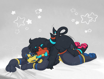 1_horn anal anal_penetration anthro anthro_on_anthro arm_tuft bed blue_body blue_eyes blue_pawpads blush bodily_fluids breath brown_eyes countershading doggystyle duo eyes_closed eyewear fangs from_behind_position fur furniture glasses head_tuft horn looking_at_another looking_pleasured lying male male/male markings mastectomy_scar mounting multicolored_body multicolored_fur narrowed_eyes nude on_bed on_front open_mouth orange_body orange_countershading pawpads penetration penile penile_penetration pink_pawpads scar sex spade_tail striped_markings stripes sweat sweatdrop tail teeth text tongue tongue_out tuft yellow_body yellow_countershading koverless regretevator roblox the_axolotl_sun buttondrop_(regretevator) gregoriah_(regretevator) horned_humanoid humanoid zumae hi_res signature trans_(lore) trans_man_(lore)