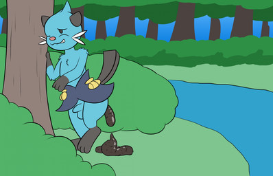3_toes anthro arm_tuft balls bite biting_lip biting_own_lip black_body black_fur blue_body blue_fur butt chest_tuft enjoying_the_go feces feces_on_ground feces_pile feet forest forest_background fur genitals gloves_(marking) grass hand_on_tree head_tuft leg_markings male male_pooping markings nature nature_background one_eye_closed outside paws penis plant pooping pooping_on_floor raised_tail river scatplay seashell self_bite shell shoulder_tuft shrub socks_(marking) solo tail teeth toes tree tuft water whiskers ritzcat nintendo pokemon dewott generation_5_pokemon pokemon_(species) hi_res