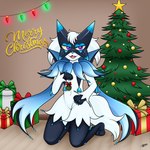 anthro christmas_decorations christmas_lights christmas_tree detailed_background fur gift gift_wrapped holidays looking_at_viewer male mistletoe plant smile solo tail tree dark_moon christmas nintendo pokemon fan_character glace_(cris79x) generation_9_pokemon meowscarada pokemon_(species) 1:1 absurd_res digital_media_(artwork) hi_res