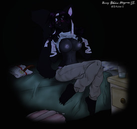 anthro bandage bed big_breasts breasts clothed clothing clothing_lift countershading dark female furniture hair nipples purple_eyes shirt shirt_lift solo tail topless topwear undressing kitonkurai rina_hotaru felid mammal pantherine cool_colors hi_res