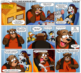 anthro backwards_baseball_cap backwards_hat baseball_cap blood board_game bodily_fluids bowl_cut clothing dialogue dice eyewear glasses group hat headgear headwear humor knife male overweight overweight_male raining shaved_head stab swastika text topwear vest xamoel beast_house the_godfather chad_(xamoel) doug_(xamoel) emmett_(xamoel) renton_(xamoel) tommer_(xamoel) wimpy_(xamoel) anatid anseriform avian bear bird canid canine canis domestic_dog duck lemur mammal primate ring-tailed_lemur strepsirrhine comic english_text italian_text