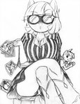 anthro anthrofied breasts camera clothing crossed_legs duo eyewear female goggles male panties underwear boastudio friendship_is_magic hasbro my_little_pony featherweight_(mlp) photo_finish_(mlp) equid equine mammal hi_res monochrome