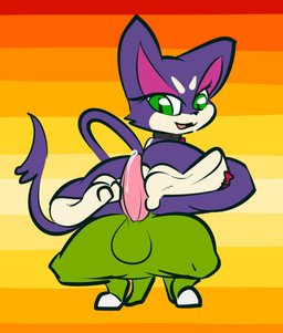 3_toes ambiguous_gender animal_genitalia animal_penis balls bodily_fluids collar duo erection feet female foot_fetish foot_play footjob fur genital_fluids genitals green_balls green_body green_eyes green_fur hindpaw looking_back male nude orange_background pattern_background paws penile penis precum purple_body purple_fur purple_tail sex simple_background soles striped_background tail tan_body tan_fur tapering_penis toes two-footed_footjob thefablednekos nintendo pokemon jay_(thefablednekos) sasha_(thefablednekos) generation_2_pokemon generation_5_pokemon larvitar pokemon_(species) purrloin 2020 digital_media_(artwork) hi_res