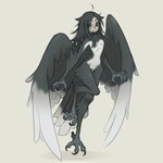 4_fingers 4_toes anisodactyl back_wings biped black_body black_eyes black_feathers black_hair eyeshadow feathers feet female fingers hair humanoid_face long_hair looking_at_viewer makeup messy_hair multicolored_body nude pupils slim small_waist smile solo talons toes white_body white_feathers white_pupils wings tateoftot european_mythology greek_mythology mythology avian bird corvid harpy humanoid magpie_(corvid) mythological_avian mythological_creature oscine passerine 1:1 hi_res