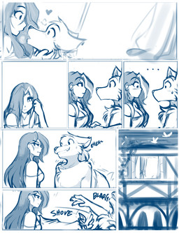 4_fingers 5_fingers after_kiss anthro bedroom bedroom_window blush bodily_fluids breasts building cheek_tuft chest_tuft cleavage clothed clothed_anthro clothed_female clothed_human clothing curtains dialogue duo ears_down ears_up ellipsis emanata eye_contact eyebrow_through_hair eyebrows facial_tuft female female_on_anthro fingers flustered hair hair_over_eye heart_symbol human_on_anthro imminent_sex inside interspecies long_hair looking_at_another looking_away looking_down looking_up male male/female male_on_human motion_lines nervous nervous_smile onomatopoeia open_mouth outside pivoted_ears shove smile snout sound_effects suggestive sweat sweatdrop tail tail_motion tailwag text translucent translucent_hair tuft undressing_partner wide_eyed window conditional_dnp tom_fischbach twokinds maren_taverndatter sythe_(twokinds) ambient_bird canid canine canis human keidran mammal wolf 2026 adobe_photoshop_(artwork) blue_and_white comic digital_media_(artwork) english_text monochrome sketch