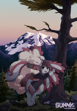 3_toes anal anal_penetration anthro arms_around_partner balls barefoot bodily_fluids bottomless bottomless_anthro bottomwear brown_hair carrying_another claws clothed clothes_on_floor clothing collar condom_wrapper denim denim_bottomwear denim_clothing duo evergreen_tree featureless_feet feet fluffy foreskin forest forest_sex genital_fluids genitals gills hair humanoid_genitalia humanoid_penis jeans laugh leaking_precum leaning_on_object legs_around_partner legs_together looking_at_another looking_at_partner male male/male male_penetrated male_penetrating male_penetrating_male motion_lines mountain onomatopoeia outside_sex panties pants pattern_bottomwear pattern_clothing pattern_panties pattern_underwear paws penetration penis piggyback pine_tree plant plantigrade plap precum public public_exposure public_sex sex shirt snow sound_effects striped_bottomwear striped_clothing striped_panties striped_underwear stripes sunset t-shirt tail tail_coil text toe_claws toes tongue tongue_out topwear tree underwear sunny_(artist) nintendo pokemon sunny_(sunny) tidbit amphibian aquatic axolotl elemental_creature flora_fauna generation_5_pokemon mole_salamander pokemon_(species) salamander whimsicott english_text hi_res shaded nonbinary_(lore)