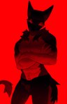 abs anthro balaclava big_ears black_body black_fur bottomwear boxers_(clothing) clothing countershade_torso countershading covered_face crossed_arms fur long_tail looking_at_viewer male mask muscular muscular_male naked_torso nipples pants pecs red_body red_eyes red_fur red_light red_lighting solo tail underwear nekothesaber sergal 2024 absurd_res black_and_red hi_res monochrome shaded soft_shading