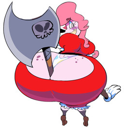 axe big_butt big_nose blush butt clothing clown dress femboy freckles gloves handwear looking_at_viewer looking_back male melee_weapon panties polka_dot_panties red_clothing red_dress simple_background solo underwear weapon white_background wide_hips vimhomeless mrs.mayhem humanoid hi_res