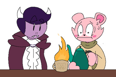 anthro bear_ears beverage blouse blush cloak clothing collared_shirt container cup dress_shirt duo eyebrows fangs female fire fur furniture hair horn humor male male/female mug pink_body pink_fur purple_body purple_hair purple_skin scarf shirt simple_background table tea teapot teeth topwear white_background worried anonymous_artist unknown_artist undertale_(series) undertale_yellow dalv_(undertale_yellow) honeydew_shopkeeper animal_humanoid bear humanoid mammal mammal_humanoid ursid_humanoid vampire low_res