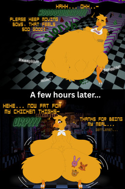 abdominal_bulge after_glow afterglow anthro anthro_pred anthro_prey areola areola_outline arm_tuft avian_legs beak belly belly_overhang belly_tuft bib bib_only big_belly big_breasts big_butt bird_legs blissful bow_tie breast_tuft breasts brown_body brown_fur bulge burping burping_while_talking butt butt_tuft checkered checkered_floor cheek_tuft claws clothed clothing detailed_background dialogue digestion digestion_noises dominant dominant_anthro dominant_female euphoria exposed_areola exposed_belly exposed_chest eye_patch eyelashes eyewear facial_tuft fatal_vore feather_fur feather_hair feather_hands feather_tuft feathers feet female female_pred fur furniture glazed_eyes gloating group growling growling_belly hand_on_belly hand_on_own_belly hat head_tuft headgear headwear huge_belly huge_breasts huge_butt huge_thighs hyper hyper_breasts hyper_butt later leg_tuft looking_back looking_down machine magenta_eyes male male/female male_prey moan motion_lines mph! muffled muffled_scream muffled_screaming muffled_sounds muffled_speech multiple_poses multiple_prey navel navel_tuft nipple_slip obese obese_anthro obese_female office office_background on_table onomatopoeia orange_beak orange_legs overweight overweight_anthro overweight_female partially_clothed partially_clothed_female pose presenting presenting_hindquarters pseudo_hair purple_body purple_eyes purple_fur rear_view red_body red_fur robot_pred rumbling_stomach same_size_vore satisfaction satisfied satisfied_look shaking_breasts shaking_butt short_comic shoulder_tuft sitting sitting_on_heels sitting_on_knees sitting_on_table slorsh slosh sloshing sloshing_belly smug smug_face smug_grin solo sound_effects speech_bubble table tail tail_feathers tail_tuft talking_to_another talking_to_prey talons tattooification teasing text thick_thighs three-quarter_view time_card time_period time_skip toe_claws toes top_hat tuft two_panel_image unwilling_prey vore vore_sequence vore_tattoo weight_gain weight_gain_sequence willing_pred wobble wobbling yellow_body yellow_feather yellow_feathers yellow_fur mandro22 five_nights_at_freddy's scott_cawthon scottgames bonnie_(fnaf) chica_(fnaf) foxy_(fnaf) freddy_(fnaf) animatronic avian bear bird brown_bear canid canine chicken fox galliform lagomorph leporid mammal phasianid rabbit robot robot_anthro ursine absurd_res comic hi_res multiple_scenes pinup portrait sequence three-quarter_portrait