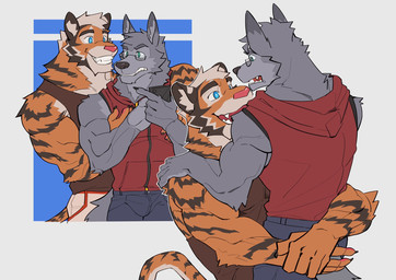 anthro brown_clothing brown_shirt brown_tank_top brown_topwear clothed clothed_anthro clothed_male clothing duo eyewear fur glasses grey_body grey_fur hoodie hug hugging_another hugging_from_behind lifting_another male male/male male_anthro orange_body orange_fur red_clothing red_hoodie red_topwear shirt simple_background striped_body striped_fur stripes tank_top topwear milatora1 dachi_(bonfiredemon) levi_(bonfiredemon) canid canine canis felid mammal pantherine tiger wolf hi_res