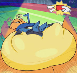 ambiguous_gender anthro arena audience belly belly_grab belly_worship big_belly blush body_worship bouncing_belly deep_navel duo face_in_belly group huge_belly hyper hyper_belly larger_sub laying_on_another looking_pleasured lying morbidly_obese motion_lines navel navel_fetish navel_spread obese on_back overweight size_difference submissive tail blitzyflair nintendo pokemon dragonite generation_1_pokemon generation_4_pokemon lucario pokemon_(species) 2026 2d_animation animated frame_by_frame no_sound short_playtime video