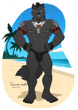 4_toes abs anthro arm_markings arm_strap armband barbell_piercing barefoot beach bedroom_eyes biceps big_muscles biped black_body black_claws black_fur black_hair black_nipples black_nose black_pawpads border broad_shoulders bulge calf_muscles cheek_tuft chest_markings circular_barbell_piercing claws clothed clothing cloud crotch_tuft cuff_(restraint) day deltoids ear_piercing ear_ring facial_tuft feet finger_claws fingers fluffy fluffy_tail forearm_muscles fur fur_hair grey_eyes hair hands_on_hips head_tuft inner_ear_fluff jewelry leather leather_speedo looking_at_viewer male mane markings mohawk mostly_nude muscular muscular_anthro muscular_male narrowed_eyes navel neck_tuft necklace nipple_piercing nipples outside palm_tree pawpads paws pecs piercing plant plantigrade pose pouch_(clothing) presenting quads restraints ring_piercing roman_numeral sand sea seductive serratus shoulder_markings sky smile snout solo speedo standing stocky swimwear tail teeth text thick_limbs toe_claws toes toothy_smile topless tree tuft water whisker_spots white_border white_markings wrist_cuffs grimsvault smokepaw canid canine canis mammal wolf 2025 artist_name cel_shading dated digital_drawing_(artwork) digital_media_(artwork) shaded signature simple_shading