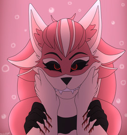 anthro black_sclera blood bodily_fluids female hair hand_on_face red_body red_eyes red_hair scratch_mark scratching simple_background smile smiling_at_viewer solo photolol.03 in_heat_(game) blood_moon_ari_(in_heat) canid canine canis mammal wolf gynomorph_(lore) intersex_(lore)