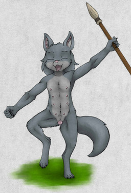 animal_genitalia animal_vulva anthro canine_genitalia canine_vulva claws digitigrade eyebrows eyes_closed female flat_chested genitals grey_body grey_hair hair holding_melee_weapon holding_object holding_polearm holding_spear holding_weapon inner_ear_fluff melee_weapon multi_nipple narrow_hips navel nipples nude one_leg_up open_mouth pink_nose polearm raised_leg simple_background smile solo spear thin_calves thin_legs thin_thighs toe_claws tuft vulva weapon young young_anthro animew canid canine canis mammal wolf hi_res