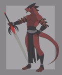 anthro black_body black_scales clothing fingerless_gloves gloves grey_background grin handwear holding_melee_weapon holding_object holding_sword holding_weapon male melee_weapon muscular muscular_anthro muscular_male plantigrade red_body red_scales scales simple_background smile solo standing strap_around_arm straps sword weapon idrysse3 reptile scalie 2021 digital_media_(artwork) hi_res