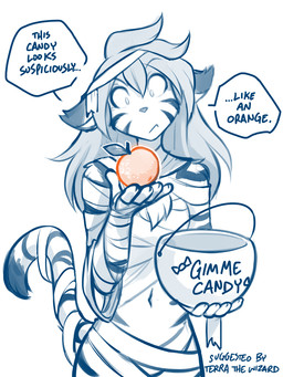 5_fingers anthro biped breasts bucket claws clothed clothing container costume dialogue female finger_claws fingers front_view fur hair halloween_costume holding_bucket holding_container holding_object holding_orange holidays markings midriff mummy_costume mummy_wrappings navel simple_background skimpy solo standing stare striped_body striped_fur striped_markings striped_tail stripes tail tail_markings text wraps conditional_dnp tom_fischbach halloween twokinds flora_(twokinds) felid keidran mammal pantherine tiger 2025 digital_drawing_(artwork) digital_media_(artwork) english_text hi_res monochrome sketch spot_color