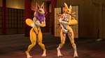 anthro areola biped blue_eyes breasts covering covering_self crossgender duo embarrassed feet female fur hand_bikini inside neck_tuft nipples nude tuft yellow_body yellow_eyes yellow_fur joeyjazz bandai_namco digimon level-5 yo-kai_watch kyubi_(yo-kai_watch) canid canine digimon_(species) fox mammal renamon 16:9 3d_(artwork) digital_media_(artwork) hi_res widescreen