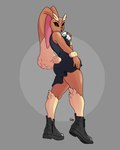 anthro black_dress_shirt black_nails boots breasts brown_body brown_fur butt butt_pose clothed clothing colored_nails drinking female footwear fur looking_at_viewer nails pink_eyes pink_nose pose shoes simple_background solo tan_body tan_fur thick_thighs rodd.y nintendo pokemon generation_4_pokemon lagomorph lopunny mammal pokemon_(species) 2022 4:5 absurd_res colored digital_drawing_(artwork) digital_media_(artwork) hi_res