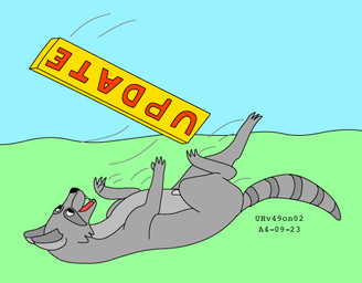animal_genitalia barely_visible_genitalia barely_visible_sheath claws feral fully_sheathed fur genitals grass grey_body grey_fur juggling lying male male_feral on_back outside plant quadruped sharp_teeth sheath sign sky solo spinning_sign striped_body striped_fur stripes teeth throwing_object tongue toony urbanhermit mammal procyonid raccoon 2004 colored dated