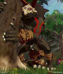 against_natural_surface against_surface against_tree anthro balls black_body duo erection from_behind_position genitals handjob humanoid_genitalia humanoid_penis male male/male mane muscular muscular_male nipples nude outside penile penis plant sex thrusting tree ictonica genshin_impact mihoyo hilichurl humanoid mammal mitachurl 3d_(artwork) 3d_animation animated digital_media_(artwork) no_sound short_playtime webm