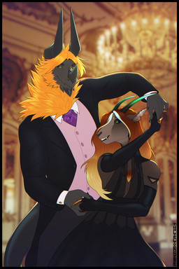 anthro ballroom black_body black_border black_scales border clothing dancing duo elegant elegant_dress female fur gentleman glamour hair happy horn jewelry long_hair male male/female mane multiple_piercings orange_body orange_fur party piercing scales spikes suit tuxedo_vest thalislixeon european_mythology mythology anor_nikimura aquatic bovid caprine dragon mammal mythological_creature mythological_marine mythological_scalie scalie sea_goat western_dragon 2:3 hi_res