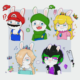 amethyst_(gem) anthro backwards_hat bare_shoulders black_clothing black_facial_hair black_hair black_jacket black_mustache black_topwear blonde_hair blue_clothing blue_dress blue_eyes blue_overalls blush button_(fastener) cellphone closed_smile clothed clothed_anthro clothed_male clothing crown dress ear_piercing electronics ellipsis exclamation_point eyebrows eyelashes facial_hair female female_anthro flat_chested frisbee fully_clothed fully_clothed_anthro fully_clothed_male fur gem green_clothing green_eyebrows green_hair green_hat green_headwear green_shirt green_topwear group hair hair_over_eye half-closed_eyes hat headgear headwear jacket light long_ears long_hair looking_at_viewer male male_anthro melee_weapon motion_lines mouth_closed multicolored_hair mustache narrowed_eyes noseless open_clothing open_jacket open_mouth open_topwear overalls phone piercing pink_clothing pink_shirt pink_tongue pink_topwear plushie pupils purple_clothing purple_ear_piercing purple_eyelids purple_shirt purple_topwear question_mark red_clothing red_hat red_headwear ruby_(gem) sapphire_(gem) shirt shirtless_anthro shirtless_male short_hair simple_background smartphone smile sparkles speech_bubble spiky_hair star_(shape) star_ear_piercing sword tan_body tan_inner_ear tan_skin thick_eyebrows tongue topwear torn_clothing torn_shirt torn_topwear two_tone_hair weapon white_background white_body white_fur white_pupils peypey_mei1925 mario_bros mario_plus_rabbids_kingdom_battle mario_plus_rabbids_sparks_of_hope nintendo raving_rabbids rayman_(series) ubisoft edge_(mario_plus_rabbids) rabbid_luigi rabbid_mario rabbid_peach rabbid_rosalina lagomorph mammal rabbid 1:1 2025 colored crossover digital_drawing_(artwork) digital_media_(artwork) hi_res lighting shaded