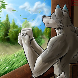 anthro coffee_mug detailed_background looking_away male sitting solo steam wind window hermesdidit canid canine canis mammal wolf 1:1 digital_media_(artwork) hi_res shaded simple_shading